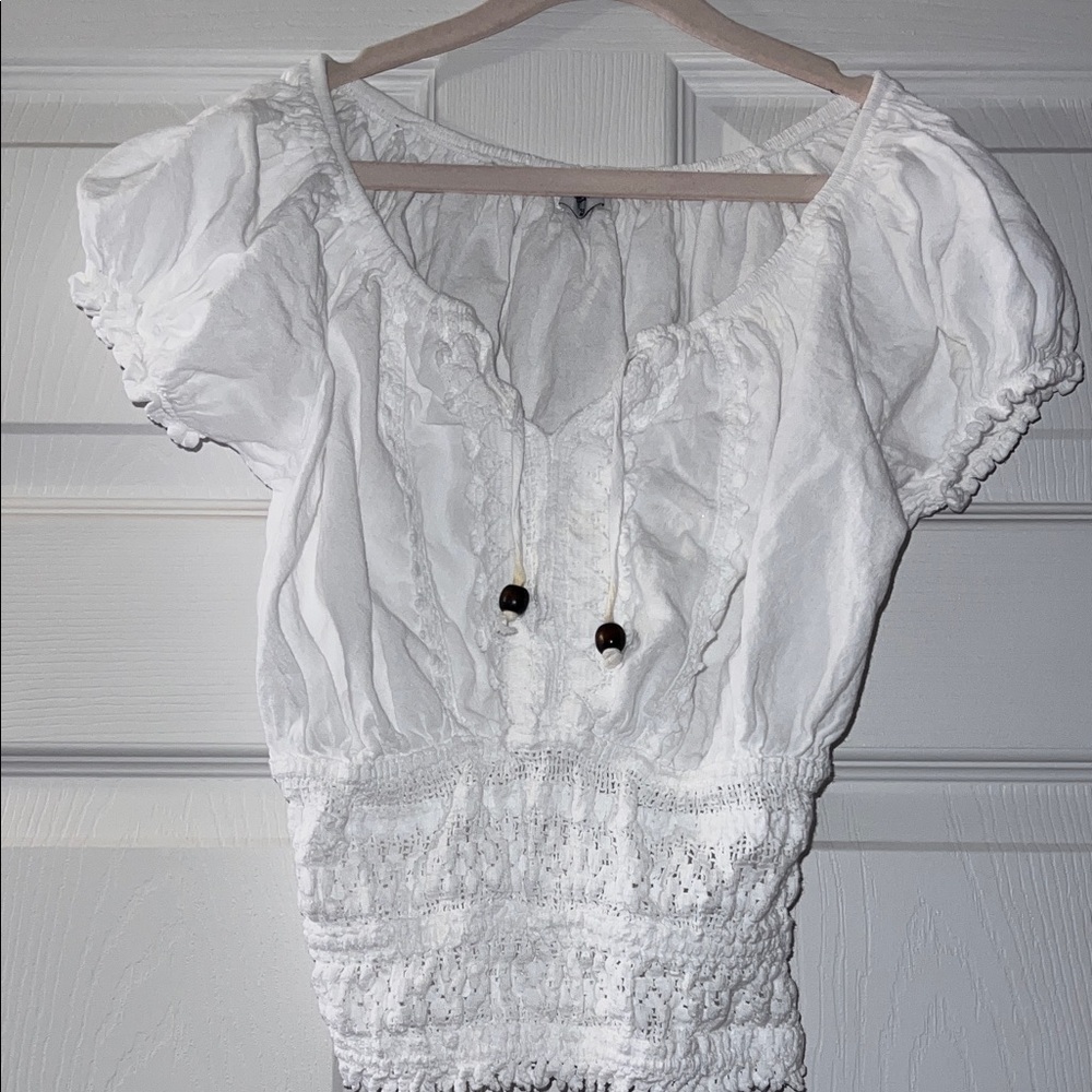 Surf Style White Blouse with Wooden Beads